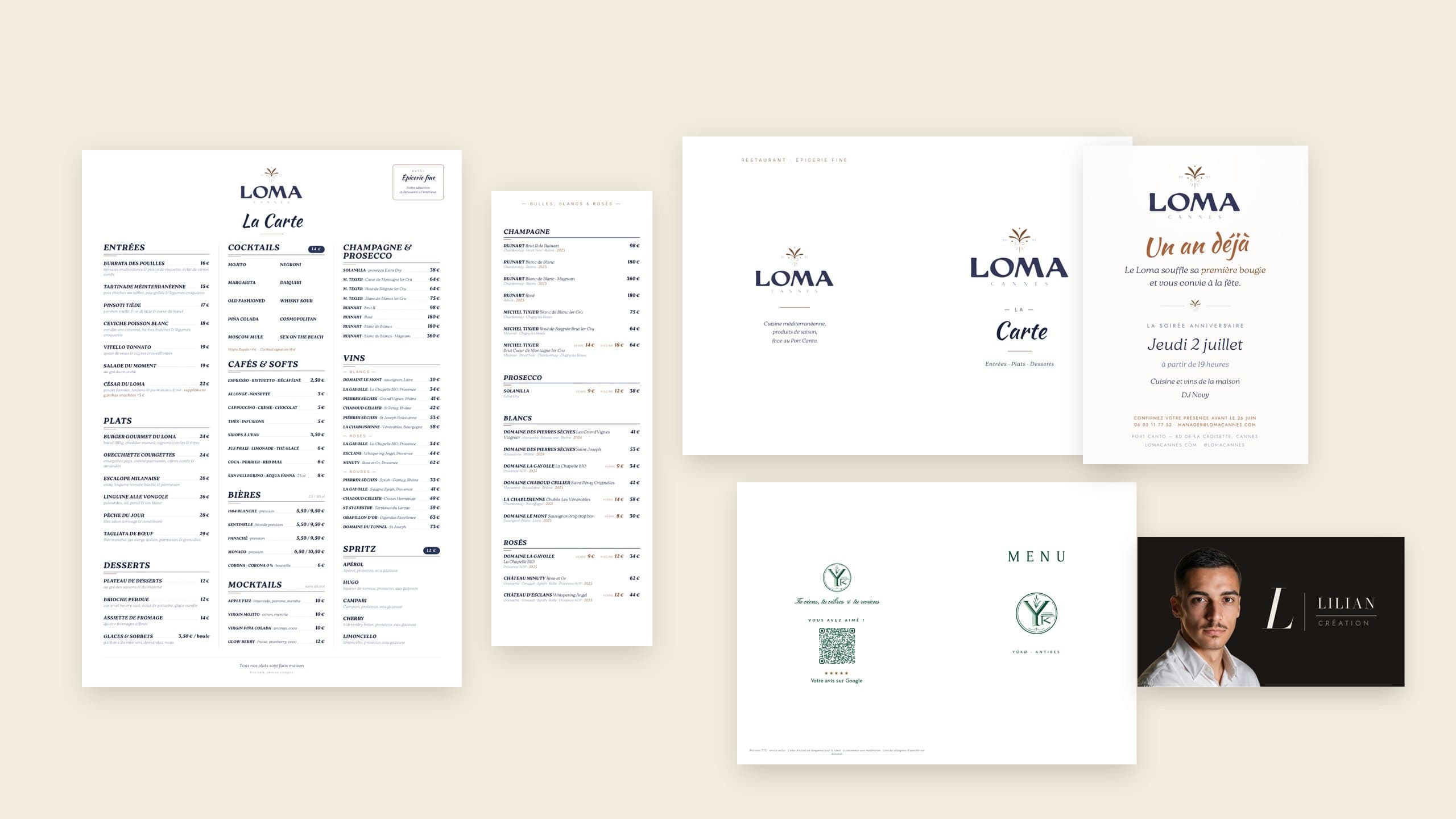 Cartes, menus, affiche de vitrine, invitation et cartes de visite imprimés, posés à plat