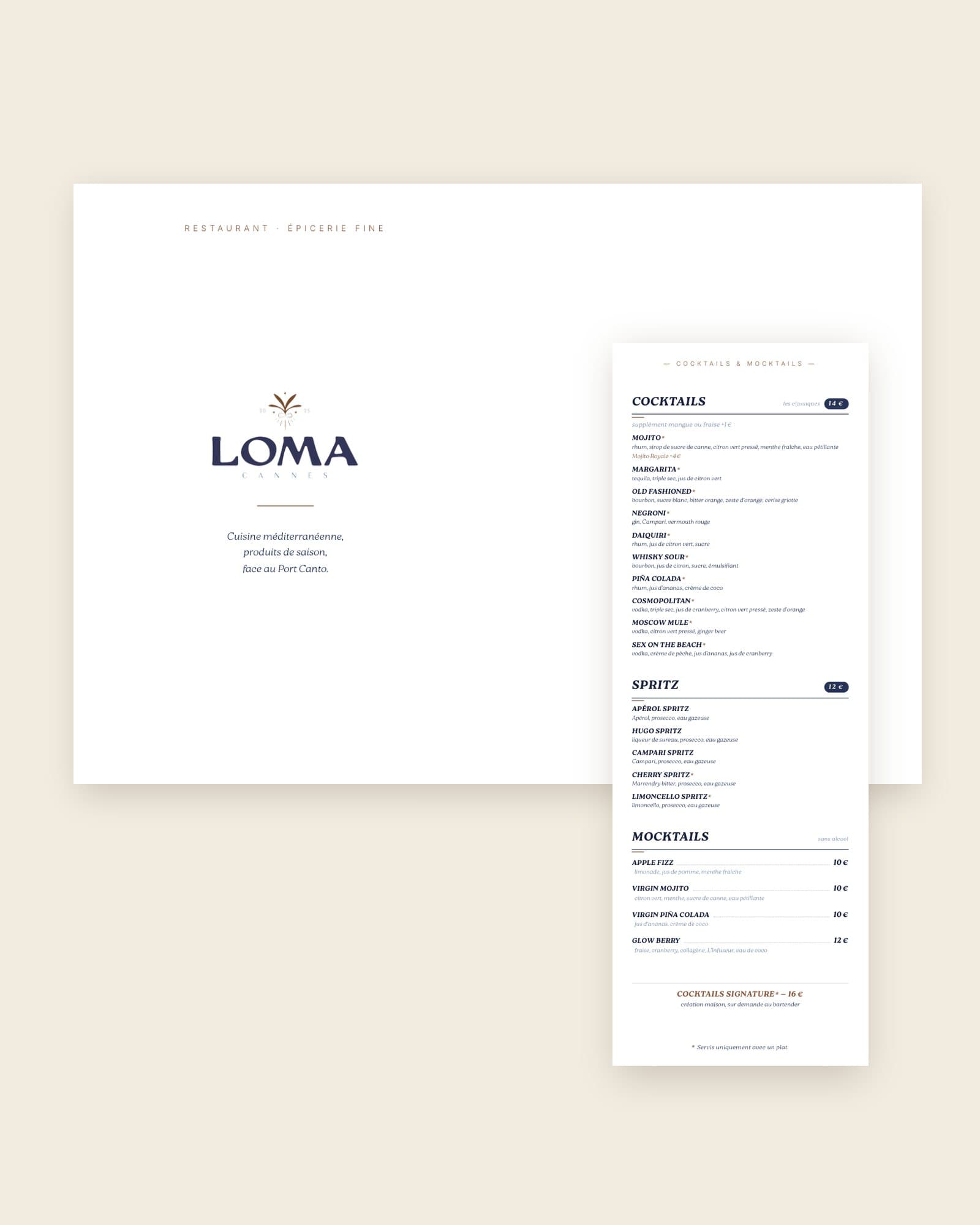 Carte des mets et volet de carte des boissons du Loma, imprimés